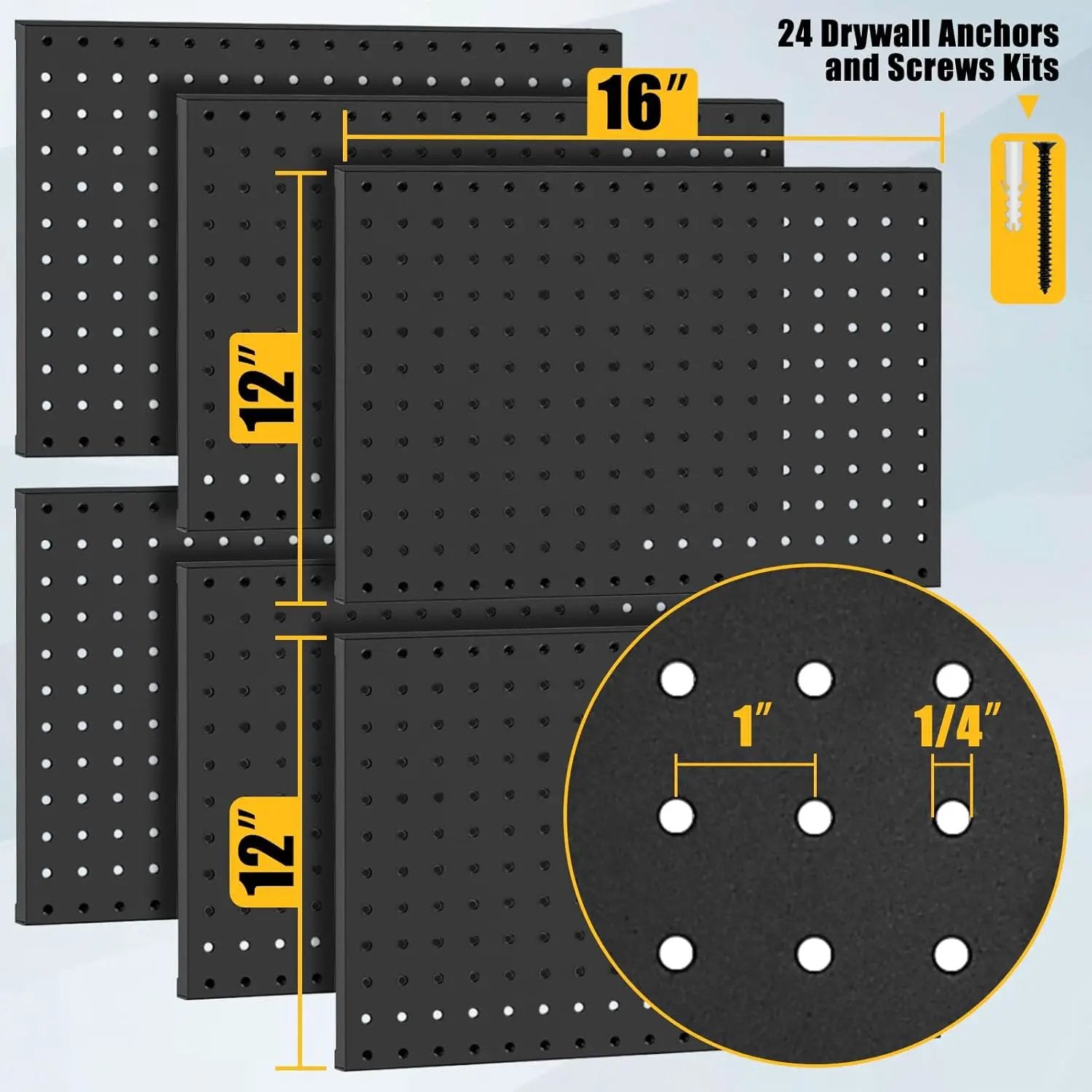 6 Pcs Metal Pegboard Panels, Heavy Duty Peg Boards for Garage and Garden Tool Storage, Includes Drywall Anchors and Screws Kits, Black (6 pcs 16in x 12in) by GreenHaven Gardens
