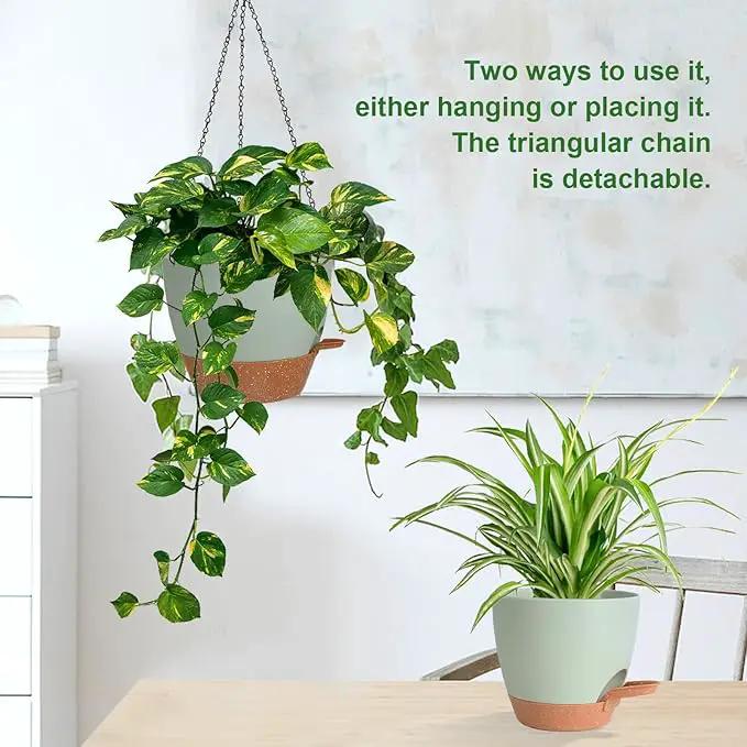 10/9/8 Inch Hanging Planter for Indoor Outdoor Plants, 3 Pack Self-Watering Hanging Pot with Drainage Holes Hanging Planter Baskets Plant Pots with Removable Tray (Green+Brown) by GreenHaven Gardens