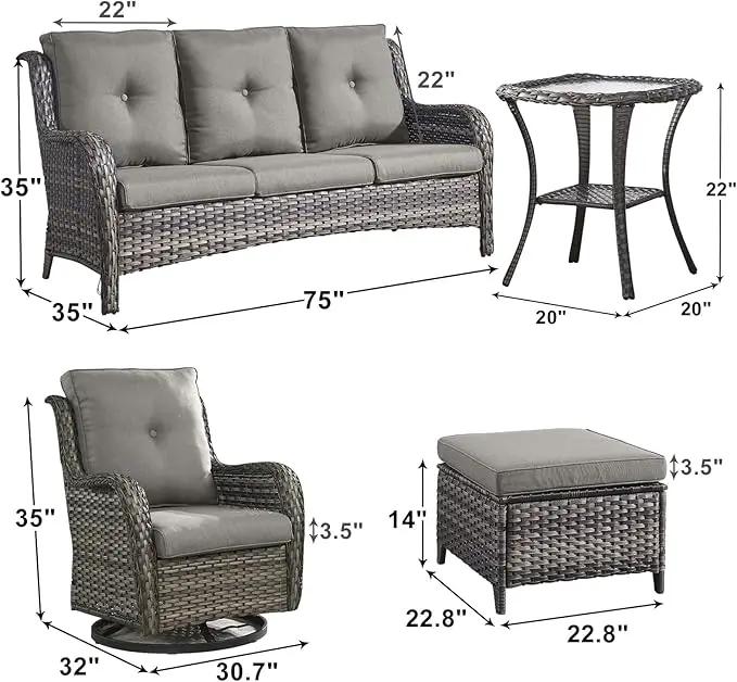 Outdoor Wicker Patio Furniture Set - 6 Piece Rattan Patio Conversation Set with 2 Rocking Swivel Chairs,2 Ottomans,1 Sofa and 1 Side Table for Porch Deck Backyard Garden(Mixed Grey/Grey) by GreenHaven Gardens