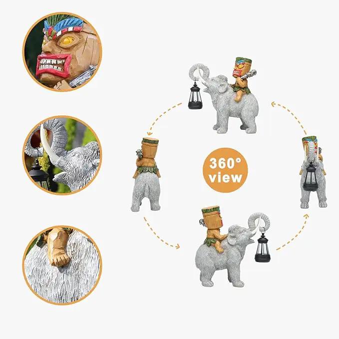 Solar Tiki Statue-Outdoor Statues-Tiki Bar Decor-Solar Powered Light Garden Figurine Tiki Decoration for Bar,Patio,Balcony,Yard,Lawn,Table,Riding A Elephant 9.09 Inches Tall by GreenHaven Gardens