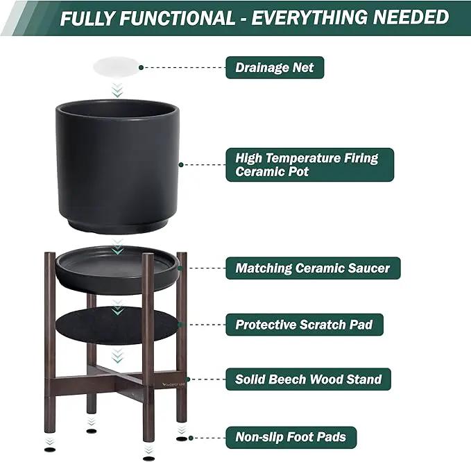 D'vine Dev Ceramic Planter with Walnut Color Stand - 10 Inch Modern Round Flower Pot with Wood Planter Holder, Black, 55-B-X-2 by GreenHaven Gardens