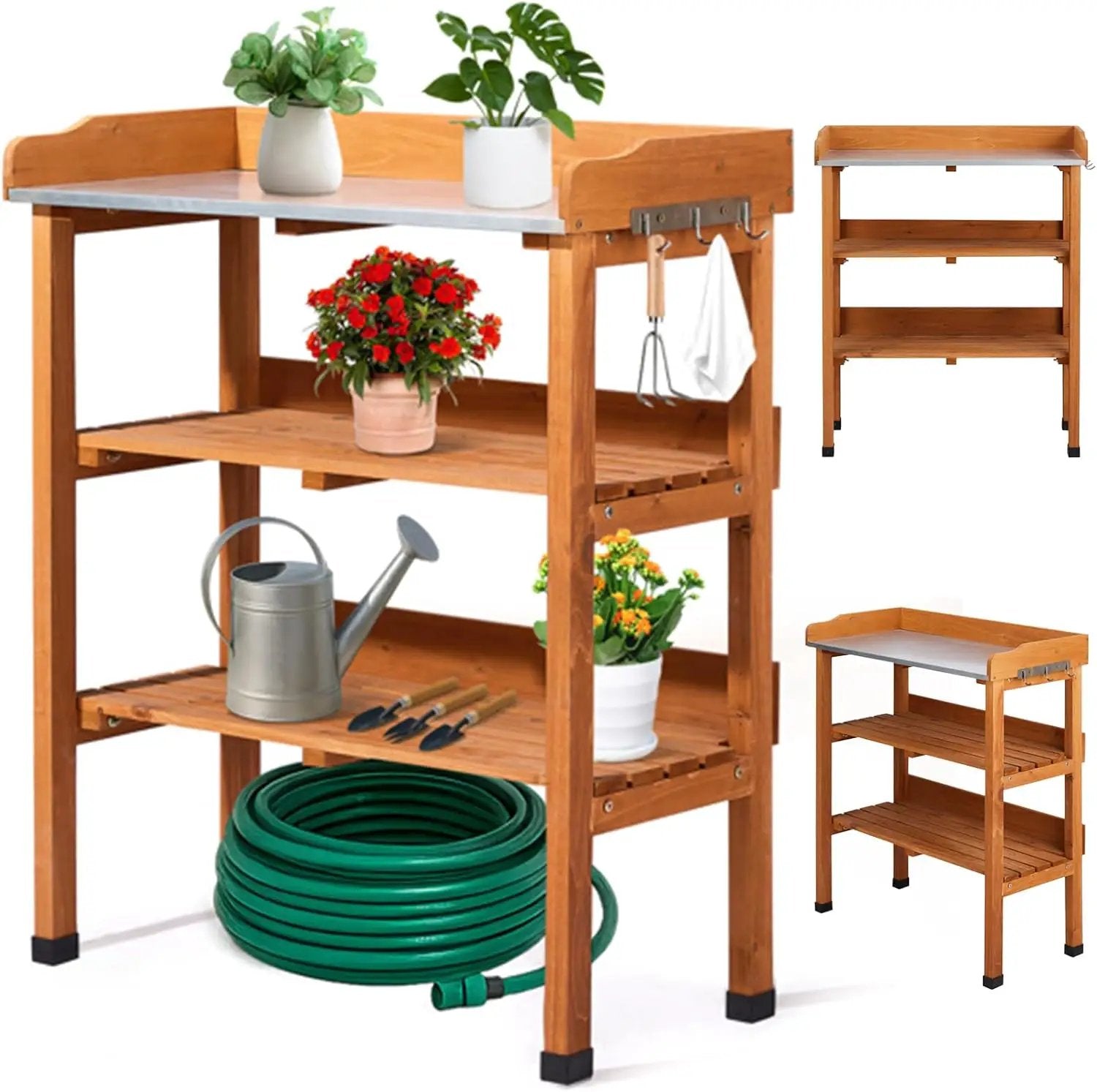 Outdoor Potting Bench Garden Work Station, Solid Wood Planting Table w/Sink Drawer Shelves,Metal Top, Folding Patio Furniture for Porch Balcony (29.1 x 14.2 x 35.6(Orange Yellow)) by GreenHaven Gardens