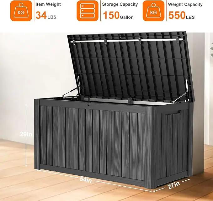 150 Gallon Deck Box,Resin Outdoor Storage Box with Lockable for Patio Furniture, Pool Accessories, Garden Tools Waterproof Outside Storage Box, Black by GreenHaven Gardens