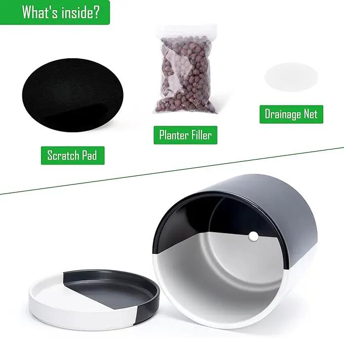D'vine Dev 10 Inch Ceramic Planter Pot with Drainage Hole and Saucer, Indoor Cylinder Round Planter Pot, Split Monochrome Black & White, 94-O-E-0 by GreenHaven Gardens