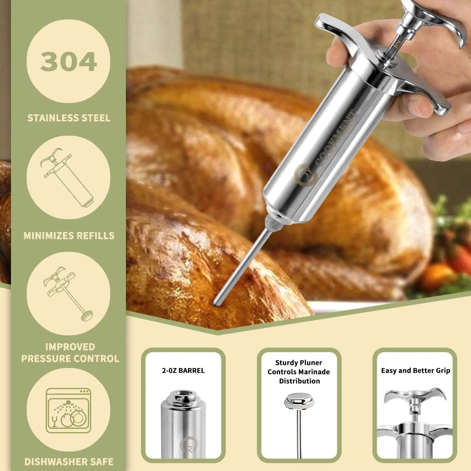 JY COOKMENT Meat Injector Syringe - Flavor Injector with 3 Stainless Steel Professional Needles;2pcs Cleaning Brush for BBQ Grill Smoker 2-oz Large Capacity Barrel by GreenHaven Gardens