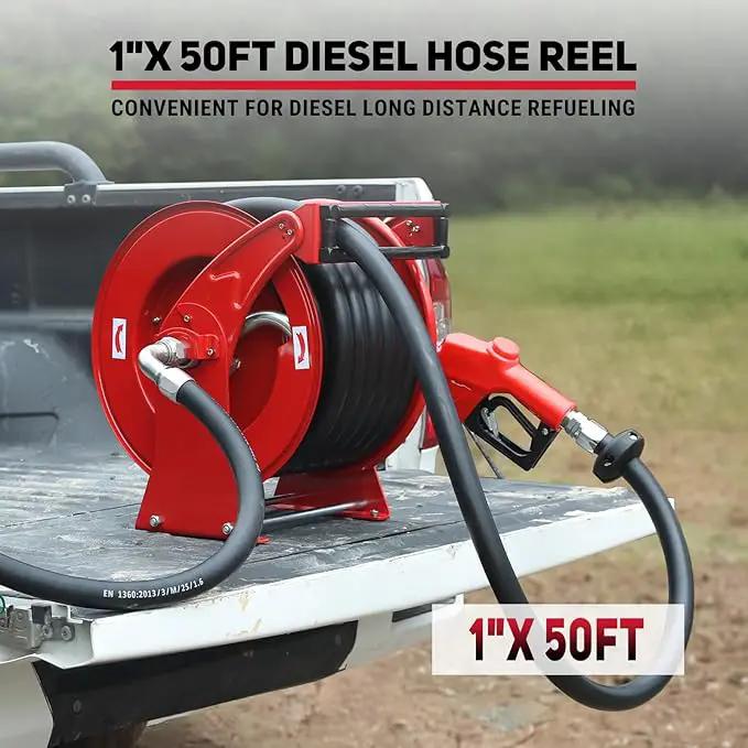 Fuel Hose Reel, Retractable 1" x 50' Extra Long Diesel Hose, 300 PSI Industrial Carbon Steel Diesel Hose Reel Auto Swivel Rewind with Fueling Nozzle for Vehicle Tank Truck Trailer Ship by GreenHaven Gardens