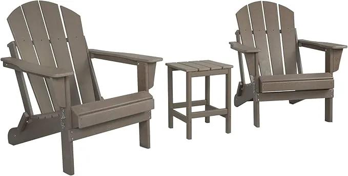 WO Home Furniture Adirondack Chairs Table Set of 3 PCS Outdoor Folding Chairs Side End Table Weather/UV Resistant for Lawn, Garden, Bon Fire, Balcony (Weathered Wood) by GreenHaven Gardens