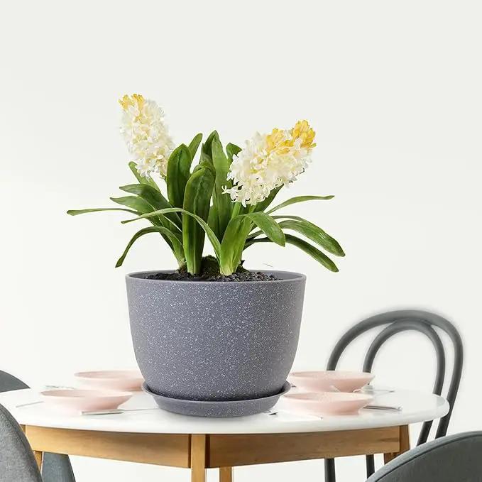 Plant Pots 12 inch, Plastic Planters with Drainage Holes and Saucers, Large Flower Pots for Indoor Outdoor Plants, Modern Decorative Pots for Garden House Plants, Speckled Grey by GreenHaven Gardens