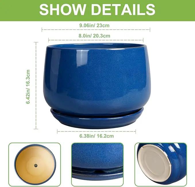G EPGardening Ceramic Pots for Plants, 9 Inch Modern Round Planter with Drainage and Tray Indoor Outdoor for Flower, Patio Decor, Housewarming Gifts, Blue by GreenHaven Gardens