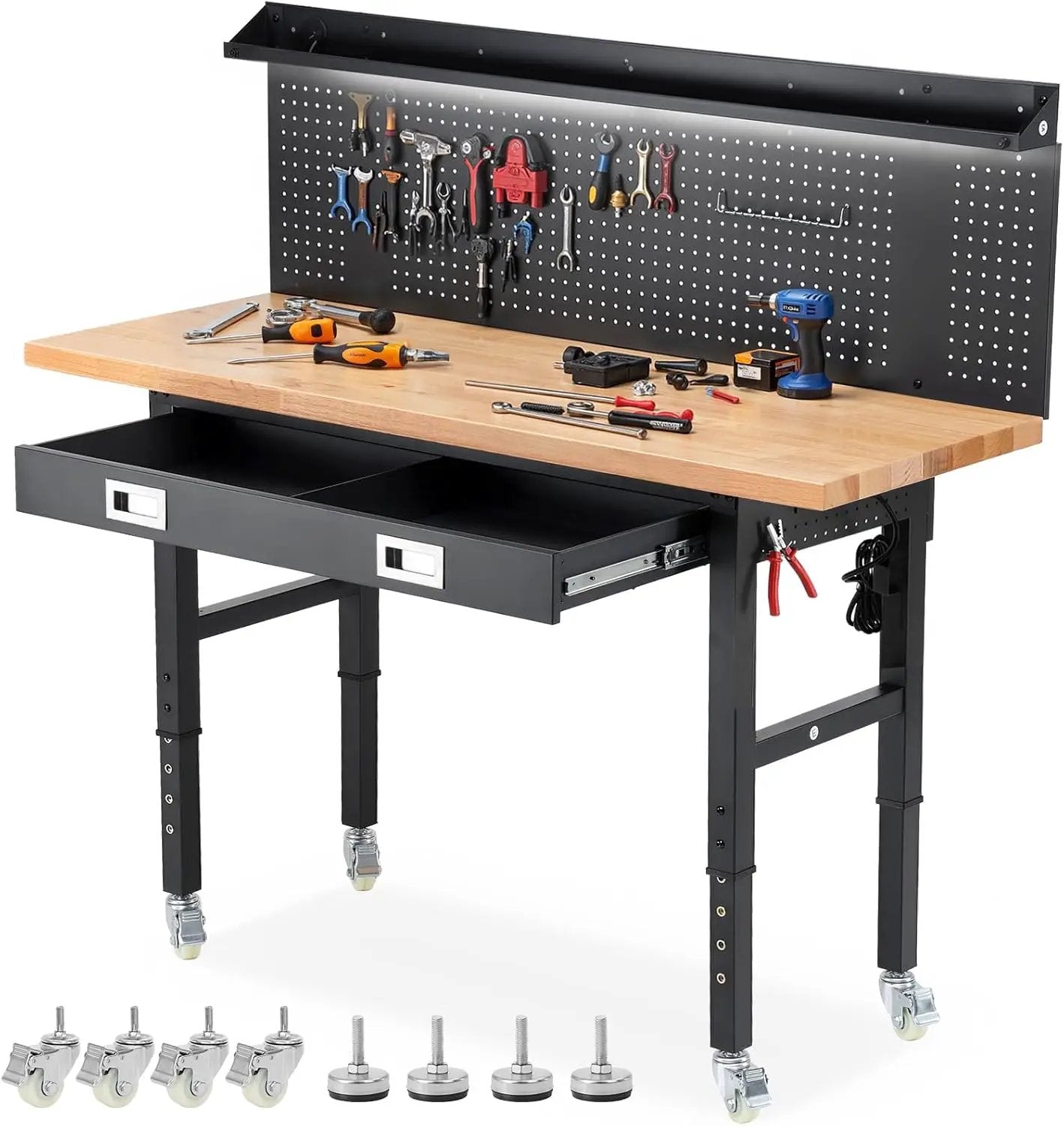 Workbench with Wheels 60 x 22 Inch Heavy Duty Rubber Wood Tabletop Work Bench with Pegboard, Drawers, Power Outlets Adjustable Height Work Table for Woodworking Shop, Home, Office by GreenHaven Gardens