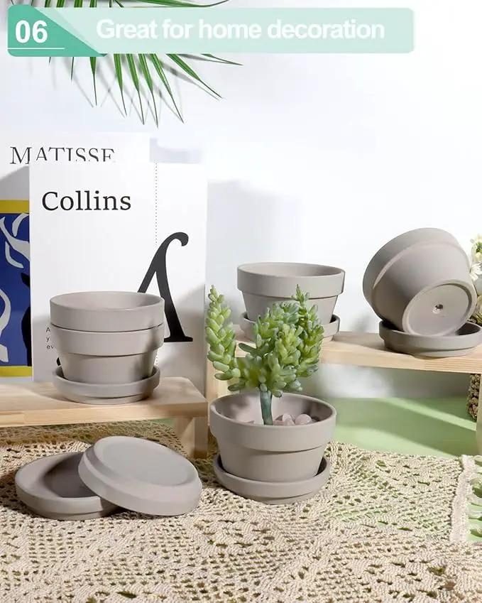 vensovo 4.5 Inch Grey Terracotta Shallow Succulent Pots - 6 Pack Terra Cotta Clay Pot with Saucer, Cacuts Indoor and Outdoor Planters with Drainage Hole by GreenHaven Gardens