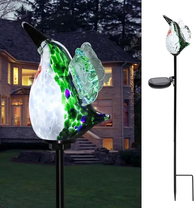 Afirst Decorative Solar Lights Outdoor Solar Hummingbird Stake Lights Hand Blown Glass Decorative Garden Pathway Light Outdoor Waterproof Glass Stakes Green by GreenHaven Gardens