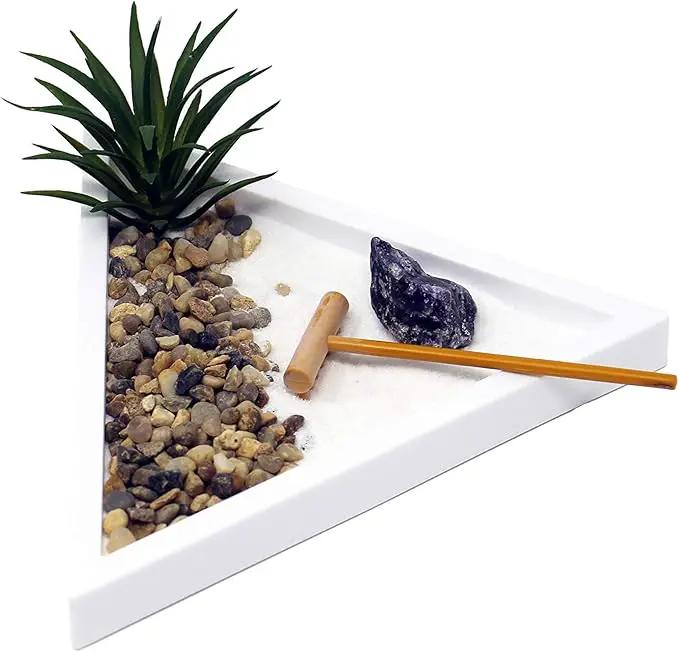Nature's Mark Mini Zen Garden Kit for Desk with White Sand, Rake, White Base, Salt Rock and Air Plant (Triangle)