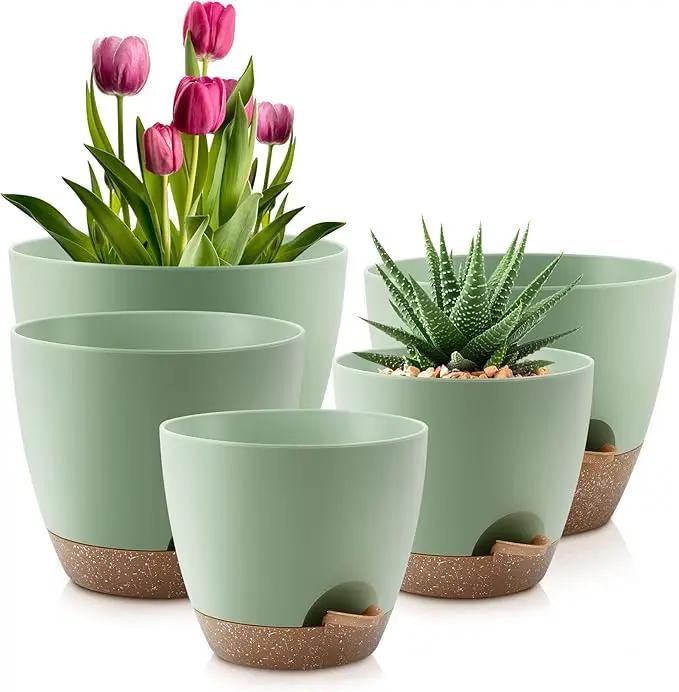 Plant Pots 10/9/8/7.5/7 Inch Self Watering Pots, Set of 5 Plastic Planters with Drainage Holes and Saucers,Plastic Flower Pots,Nursery Planting Pot for Indoor Out Door Plants（Green） by GreenHaven Gardens