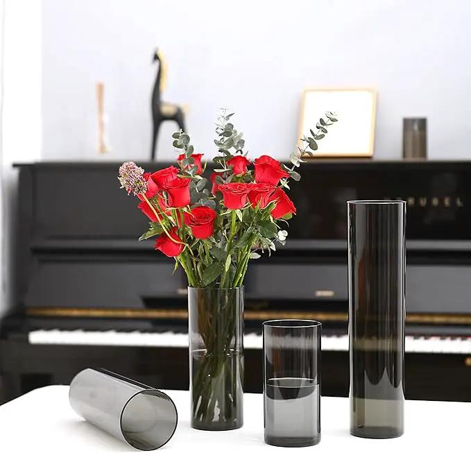 Flower Vase, Non-breakable Vases, 4" W x 10" H, Acrylic Grey Vase, Aesthetic Room Decor Cylindrical Modern Flower Vases for Table Centerpiece, Home Decor, Women Floral Arrangement Gift by GreenHaven Gardens
