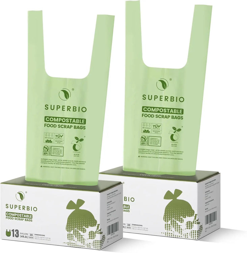 SUPERBIO 13 Gallon Handle Tie Compostable Food Waste Bags, 30 Count, 2 Pack, ASTM D6400, BPI and OK compost INDUSTRIAL, 49.2L, 0.87 Mil by GreenHaven Gardens