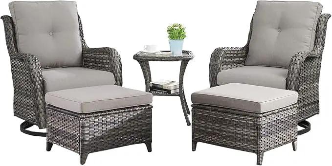 Outdoor Wicker Patio Furniture Set - 5 Pieces Rattan Patio Conversation Set with 2 Rocking Swivel Chairs,2 Ottomans and 1 Side Table for Porch Deck Backyard Garden(Mixed Grey/Grey) by GreenHaven Gardens