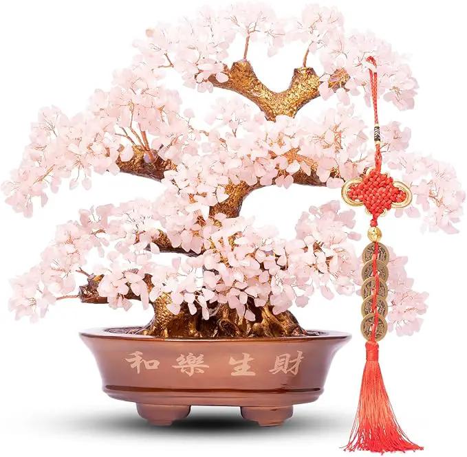Natural Rose Quartz Tree Large,14" Chakra Crystal Tree(1,251 Gemstone Count) w/Lucky Coins Chain Healing Properties - Bonsai Feng Shui Money Tree for Love Self Care Home Office Decoration by GreenHaven Gardens