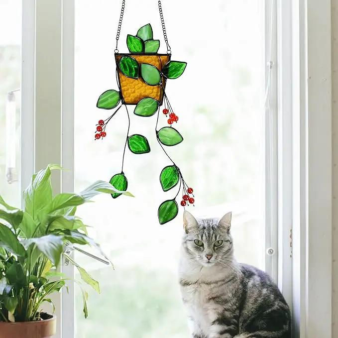 Royxen Stained Glass Window Hanging, Sun Catcher, Suncatchers for Windows Hanging, Green Plants with Yellow Pot by GreenHaven Gardens