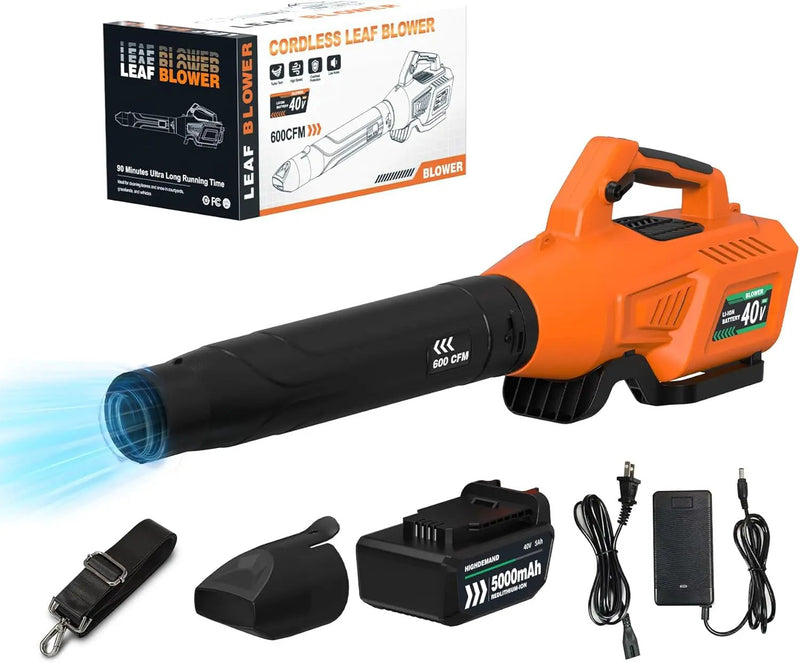 Leaf Blower Cordless with Battery - 40V Powerful Electric Leaf Blower, 600CFM &180MPH and Variable-Speed with 5.0Ah Battery and Charger for Lawn Care, Patio, Dust, Blowing Leaves (Orange) by GreenHaven Gardens