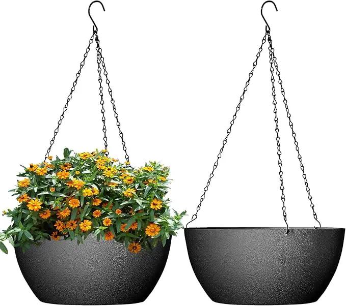 13 inch Large Hanging Planters Plant Pots for Outdoor Indoor Plants with Drainage Holes and Chain, 2 Pack Round Hanging Flower Pots for Garden Home Porch Decor, Black by GreenHaven Gardens
