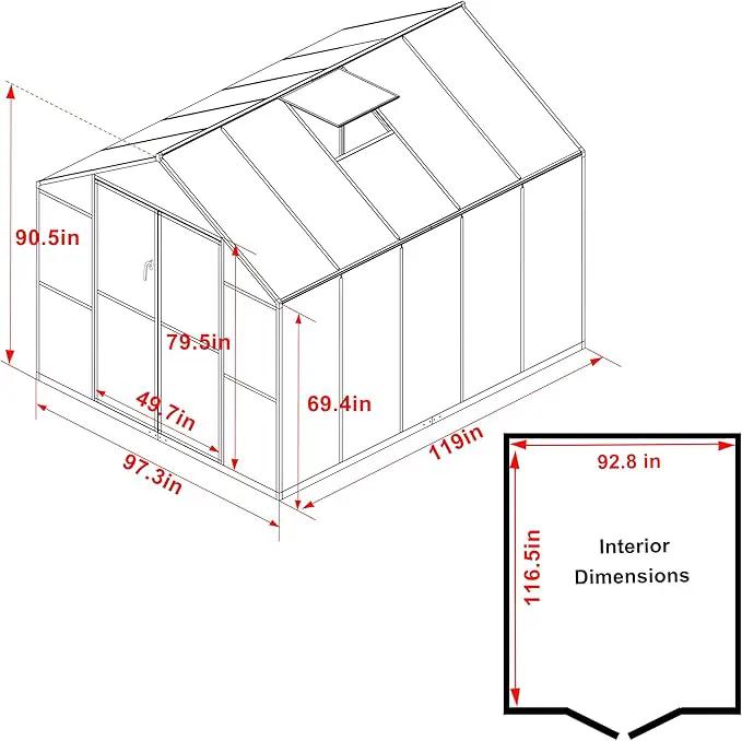 8x10 FT Outdoor Greenhouse Kit, Polycarbonate Aluminum Walk-in Greenhouse with Adjustable Roof Vent and Lockable Door, Backyard Garden in Winter, Gray by GreenHaven Gardens