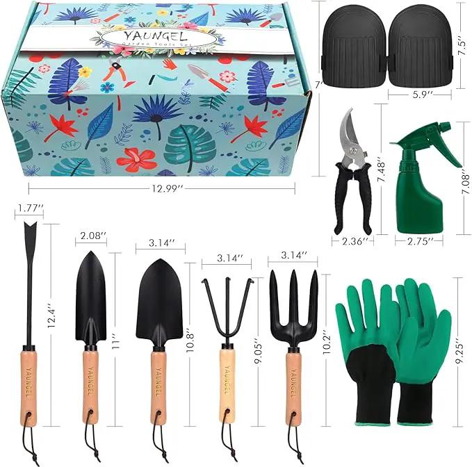 YAUNGEL Garden Tools - 10Pcs Garden Tool Set Heavy Duty Stainless Steel Gardening Supplies Hand Tools with Wooden Handle, Storage Tote Bag, Ideal Gardening Gifts for Women and Men, Black by GreenHaven Gardens
