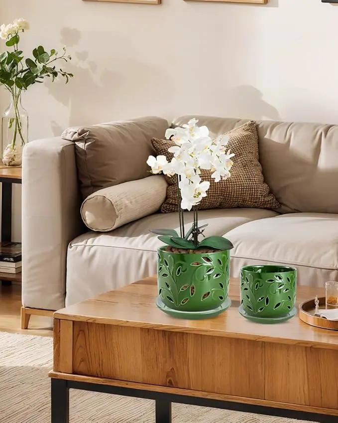 EFISPSS Orchid Pot with Holes, 5+6Inch Ceramic Plant Pots with Drainage Holes and Tray, Promoting Air Circulation and Drainage, Indoor/Outdoor Flower Pots-Green by GreenHaven Gardens