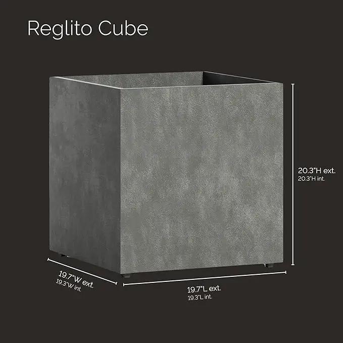 Reglito Cube Planter – Fiberglass Indoor/Outdoor and Weather-Resistant Large Planter (Grey Stone, 19.7" L x 19.7" W x 20.3" H) by GreenHaven Gardens