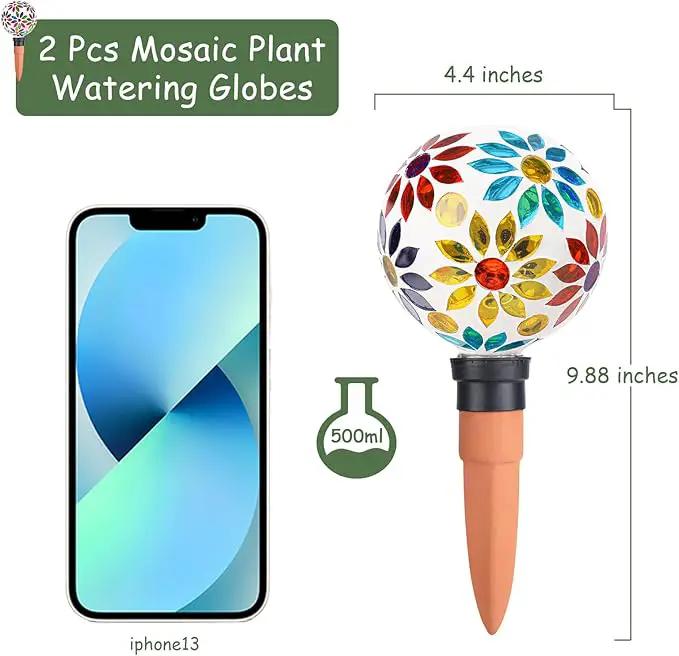 Terracotta Watering Spikes Mosaic Watering Globes for Outdoor Plants 2 Pack Automatic Plant Waterer Watering Devices Water Bulbs by GreenHaven Gardens