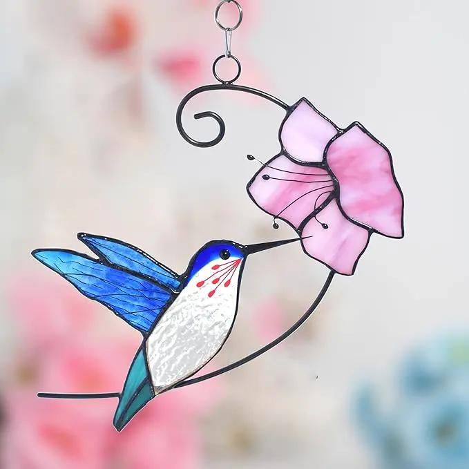 Lolitarcrafts Hummingbird with Flower Stained Glass Suncatcher Bird Stained Glass Window Hangings Hummingbird Gift for Home Decor (Blue with Flower) by GreenHaven Gardens