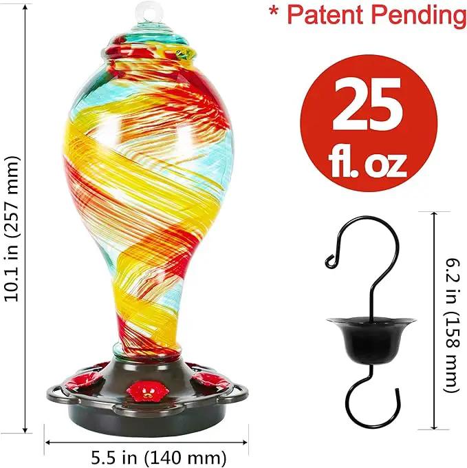 LUJII Hand Blown Glass Hummingbird Feeder for Outdoors Hanging with Ant Moat, 25 fl.oz, Leak Proof & Rustproof, Metal Base with 5 Feeding Ports & 5 Perches, Unique Garden & Backyard Decor (Ribbon) by GreenHaven Gardens