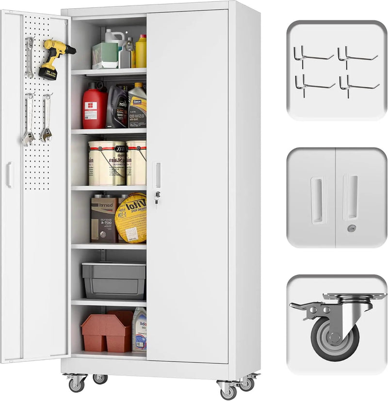71" H×32" W×16" D Garage Storage Cabinet with Wheels, Locking Metal Storage Cabinet with 5 Adjustable Shelves, 4 Hooks and Pegboard for Garage, Home Office, Kitchen, Assembly Required, White by GreenHaven Gardens