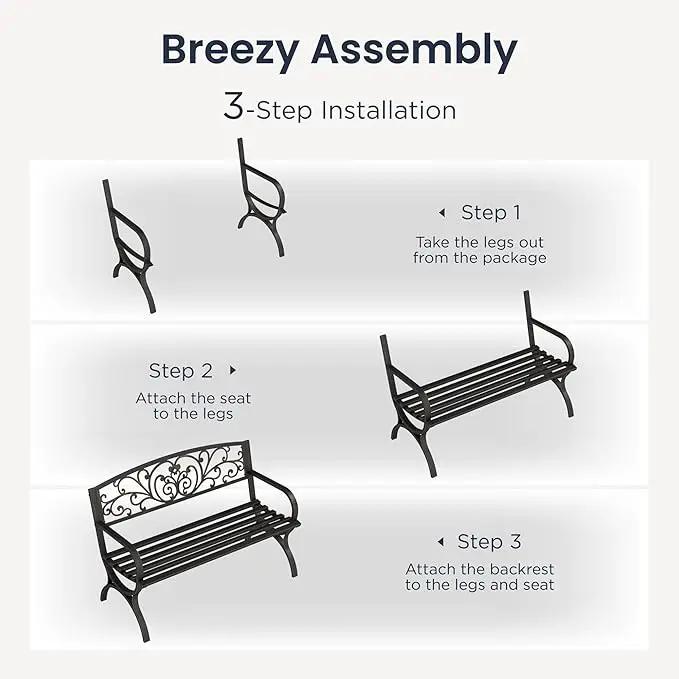 PHI VILLA 50Inch Cast Iron Steel Frame Garden Bench Patio Furniture Chair Outdoor Bench w/Floral Design Backrest, Slatted Seat for Park, Yard & Porch, Bronze by GreenHaven Gardens
