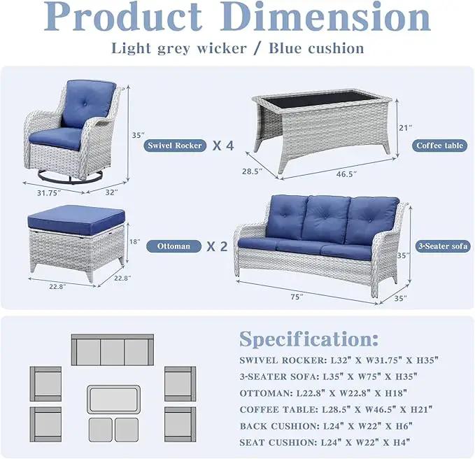 Wicker Patio Furniture Sets - 8 Piece Outdoor Rattan Furniture Conversation Sets with 4 Swivel Rocker Chairs, Rattan Sofa, Wicker Ottomans and Coffee Table, Light Grey/Blue by GreenHaven Gardens