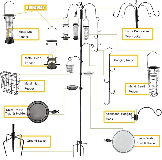 Bird Feeder Station with Suet Cage & Water Bowl Fruit Hook- Adjustable Pole, 6 Hanging Hooks for Wild Birds, Outdoor Garden Bird Feeding Kit by GreenHaven Gardens