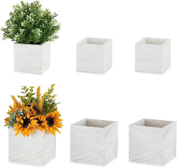 NUPTIO Wooden Box for Centerpiece Wedding: 6 Pcs Rustic Square Planter Box FarmhouseTable Fall Decor - 4×4" & 5×5" Whitewashed Small Wood Vases Flower Pots for Windowsill Home Garden by GreenHaven Gardens