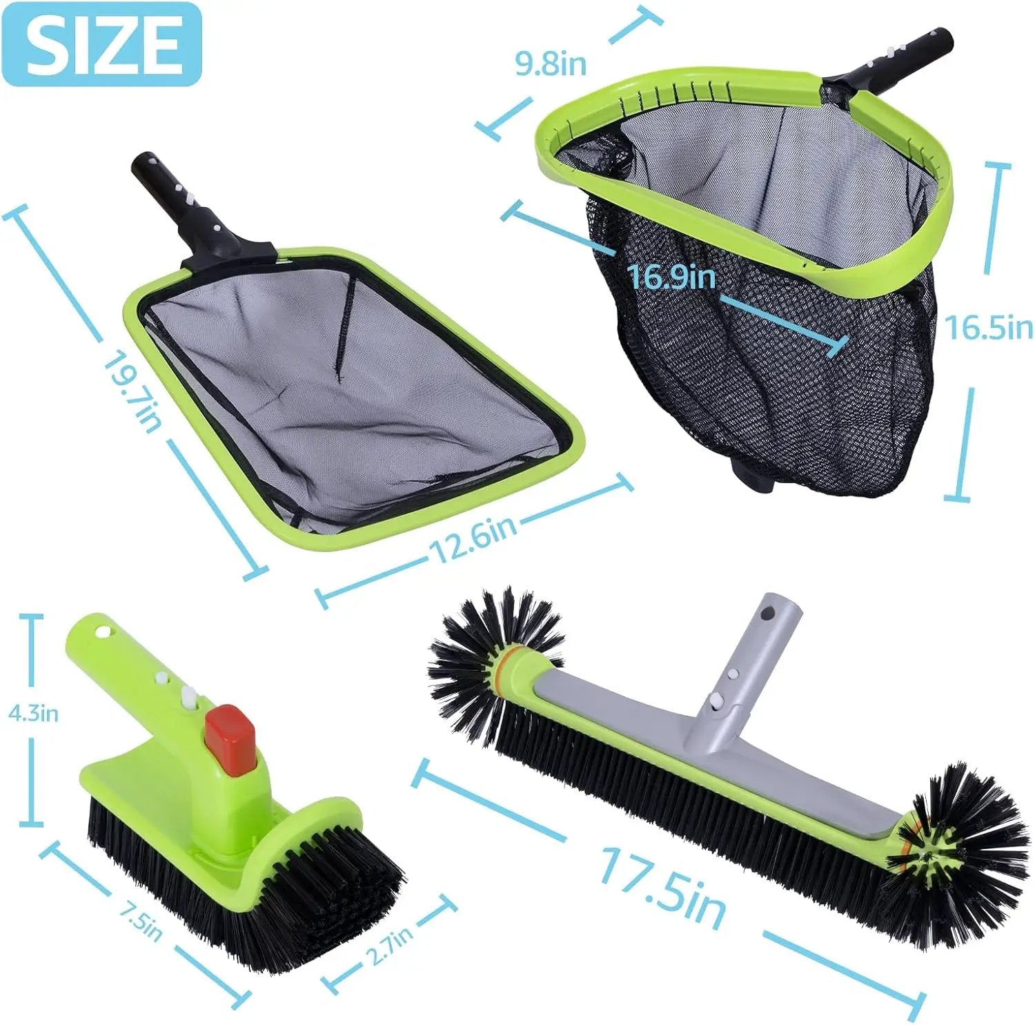 Sepetrel Deluxe Swimming Pool Cleaning Kit Including Professional Leaf Skimmer Net,Half-Depth Fine Mesh Net,17.5" Pool Brush Head & Hand Scrub Brush(NO Pole) by GreenHaven Gardens