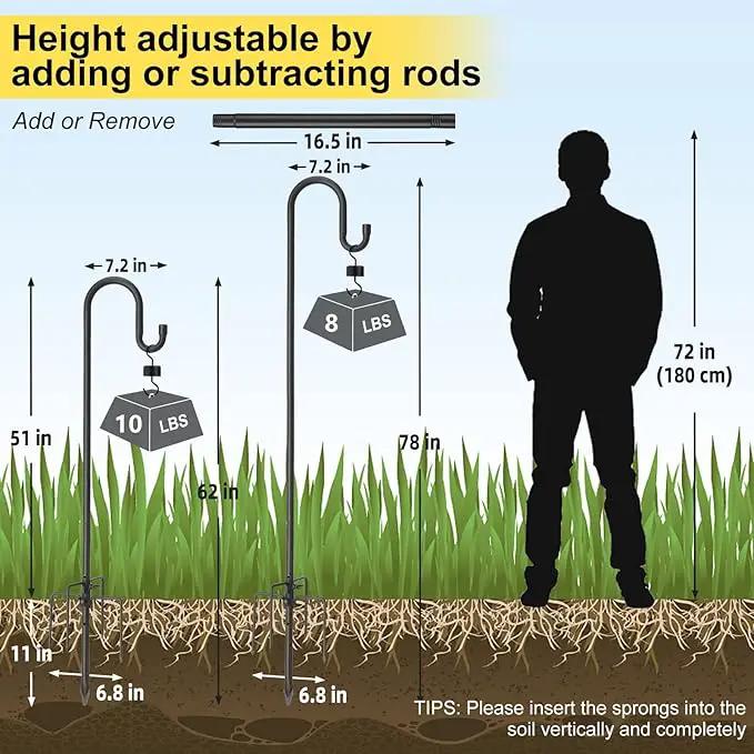 78 Inch Extra Tall Shepherd Hooks for Outdoors, Heavy Duty Metal Garden Hooks for Hanging Plants, Bird Feeders, Lanterns – Rust-Proof Steel with 5 Fork Base, Black by GreenHaven Gardens