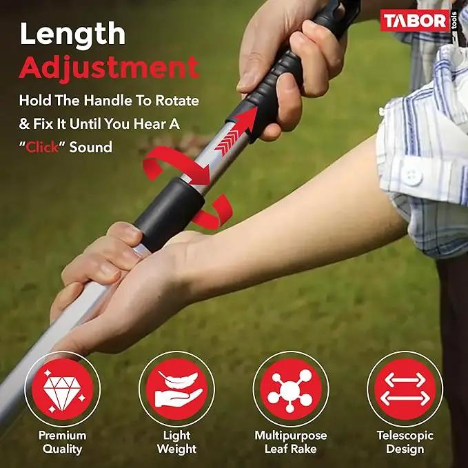 TABOR TOOLS Adjustable Metal Rake - Collapsible & Telescopic - Garden, Yard, & Lawn - Ideal for Leaves, Shrubs & Small Areas. J16A by GreenHaven Gardens