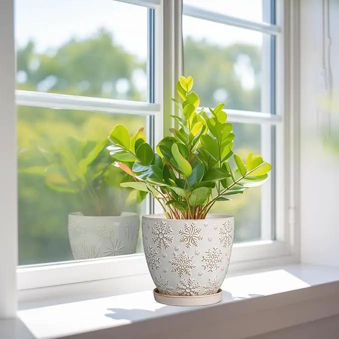 6 Inch Plant Pot with Drainage Hole and Saucer Ceramic Planter for Indoor Plant Flower Pot for Orchid Succulents Plants White by GreenHaven Gardens