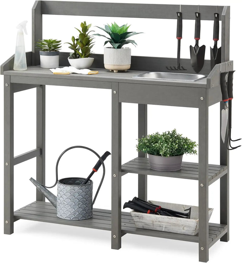 Psilvam Outdoor Potting Bench with Sink for All-Weather Gardens, HDPE Potting Benches for Outside, Planting Table for Garden, Patio and Lawn (Grey) by GreenHaven Gardens