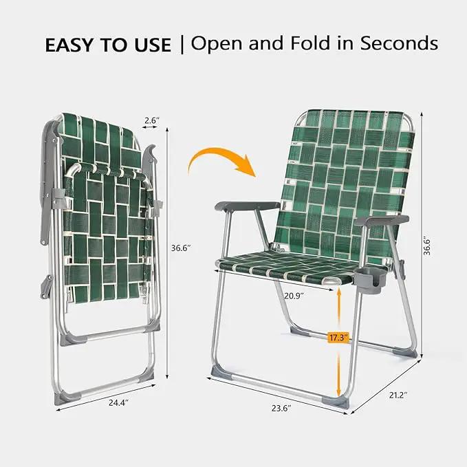 VINGLI Folding Webbed Oversized Lawn Chairs with Detachable Cup Holder, 300 LBS High Beach Chair for Adults Heavy Duty, Portable Aluminum Patio Chair for Yard, Garden, 2 Pack,Dark Green by GreenHaven Gardens