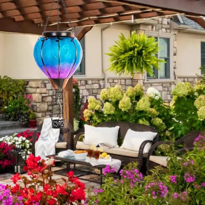 Starsoul 2 PC Blue Hot Air Balloon Solar Lantern with Flame Glass Hanging Outdoor Hot Air Balloon Solar Light Waterproof Garden Patio Yard Party Decorations by GreenHaven Gardens