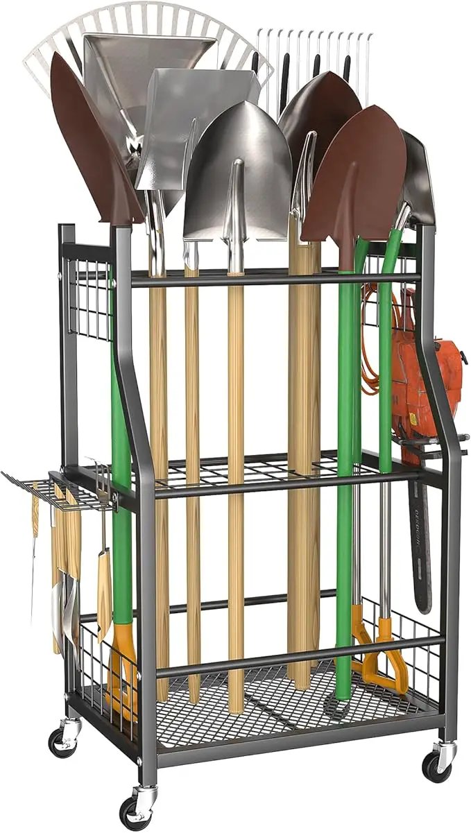 WALMANN Garden Tool Organizer with Wheels for Garage, Rakes/Shovels/Yard Tools Storage Stand for Garden, Shed, Indoor/Outdoor Long-Handled Tools Rolling Cart by GreenHaven Gardens