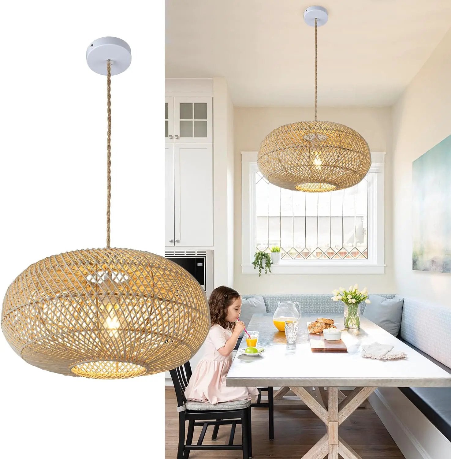 Rattan Pendant Light 16" 1-Light Hand-Woven Rattan Hanging Light，Wicker Woven Basket Chandelier，Modern Bohemian Pendant Lamp for Kitchen Island Foyer Farmhouse Porch by GreenHaven Gardens