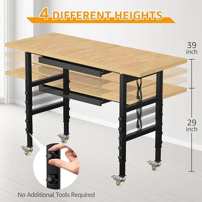 60" Adjustable Workbench,Heavy-Duty Work Table,3000 LBS Load Capacity Particleboard Hardwood Workstation Outlets with Power Strips, Drawers and Wheels,for Workshop, Garage by GreenHaven Gardens
