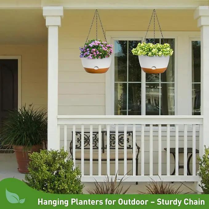 10 Inch Hanging Planters for Indoor & Outdoor Use (2 Pack) - Self-Watering & Drainage Flower Pots with Chain & Macrame Hangers (White, 10 in) by GreenHaven Gardens
