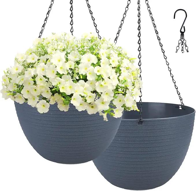 summer flower 2 Pack 9.9 Inch Self Watering Hanging, Deep Planters Hanging Pots for Indoor Outdoor Plants Hanging Baskets Hanging Plant Holder Plant Hanger for Flower Garden Porch Ceiling (Dark Gray) by GreenHaven Gardens