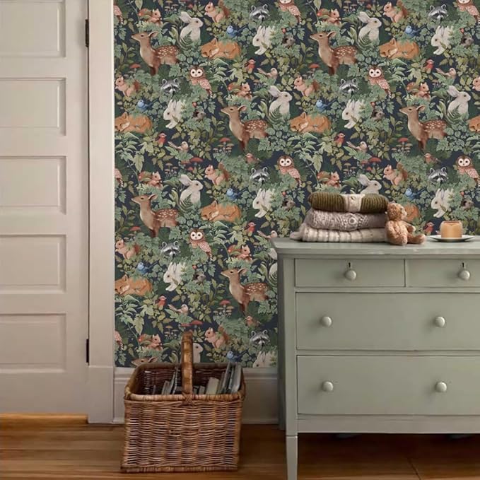 Green Plants Leaf Animal Forest Deer Rabbits Squirrel Owl Peel and Stick Wallpaper Self Adhesive Removable Easy Peel Off Contact Stick on Wall Paper for Bedroom Cabinet Renter Friendly by GreenHaven Gardens